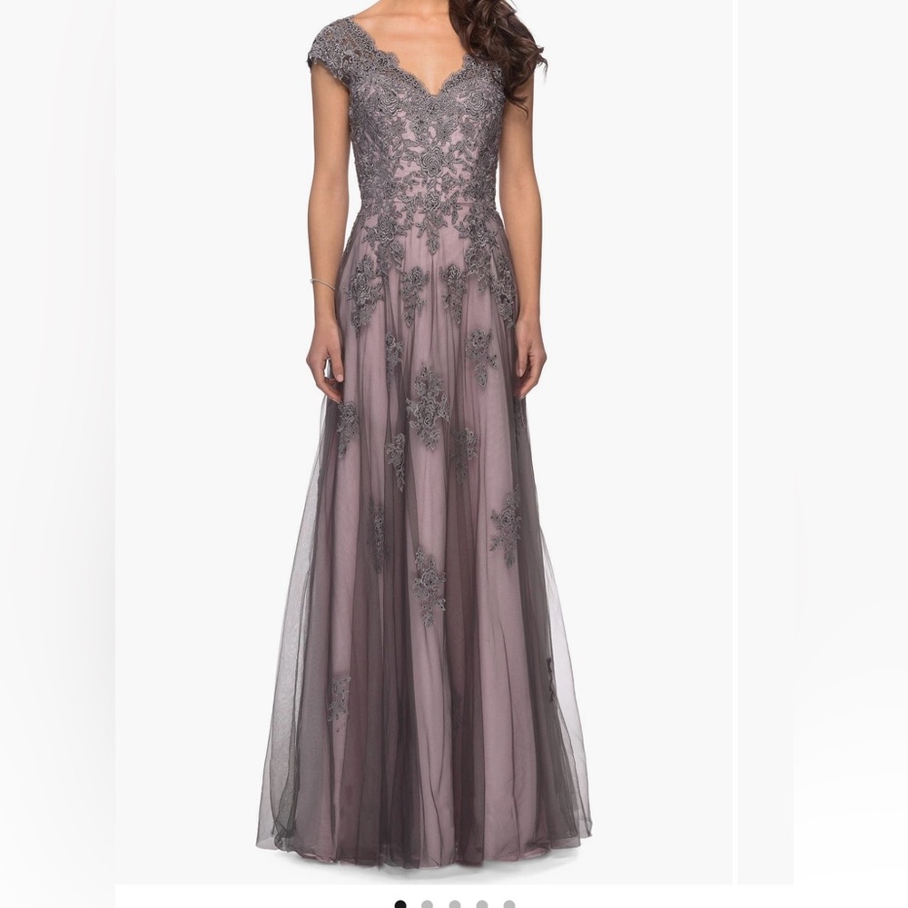 La Femme Blush and Gray Lace Evening Gown